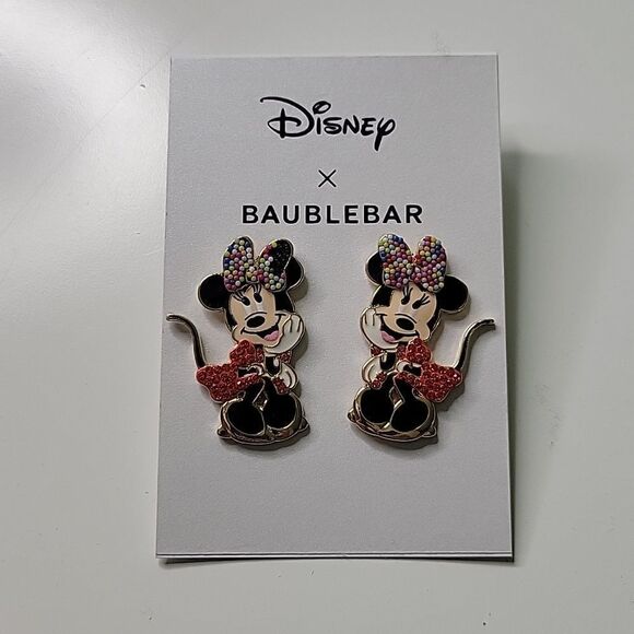 NEW DISNEY x Baublebar red dress Minnie Mickey Mouse pierced earrings ON CARD - Picture 1 of 3